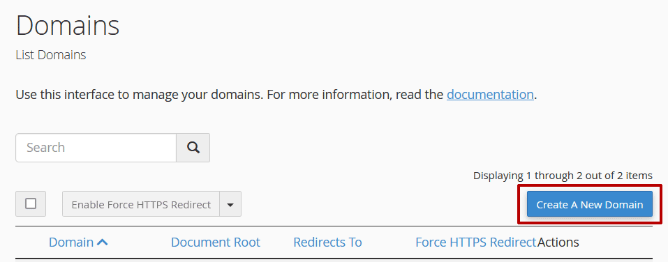 Create new domain button