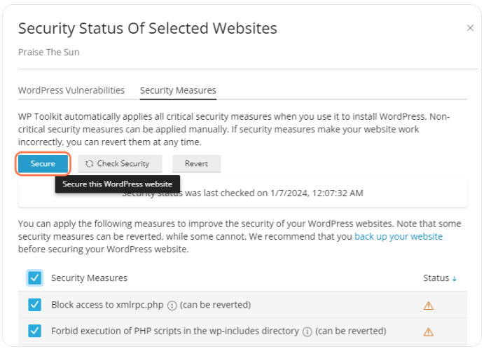WP Toolkit Security Measures Applay