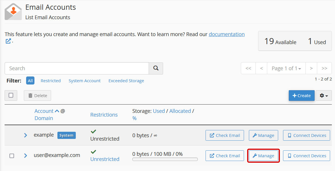 email manage button